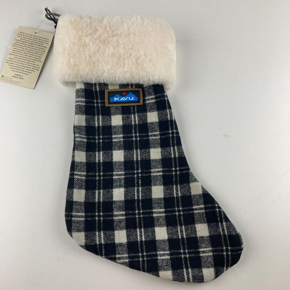 KAVU Christmas Stocking Oatmeal Plaid Faux Fur Cuff NWT Holiday Decor